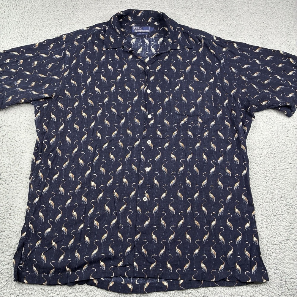 Vintage 90s Polo Ralph Lauren Flamingo Print Rayon Camp Shirt Men's Large